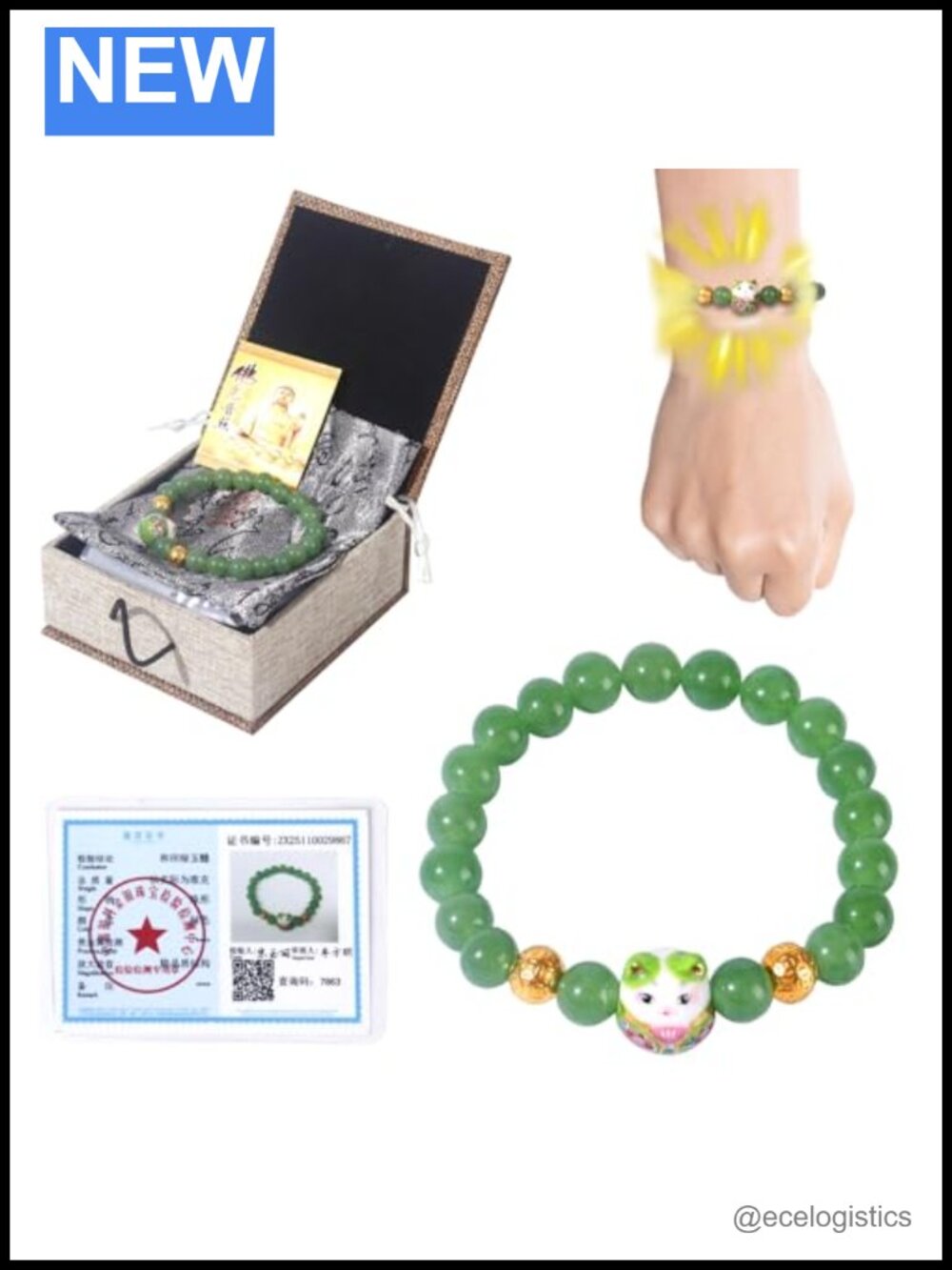 Jade Lucky Cat Bracelet Feng Shui Good Luck Wealth Charm Stretch Jewelry